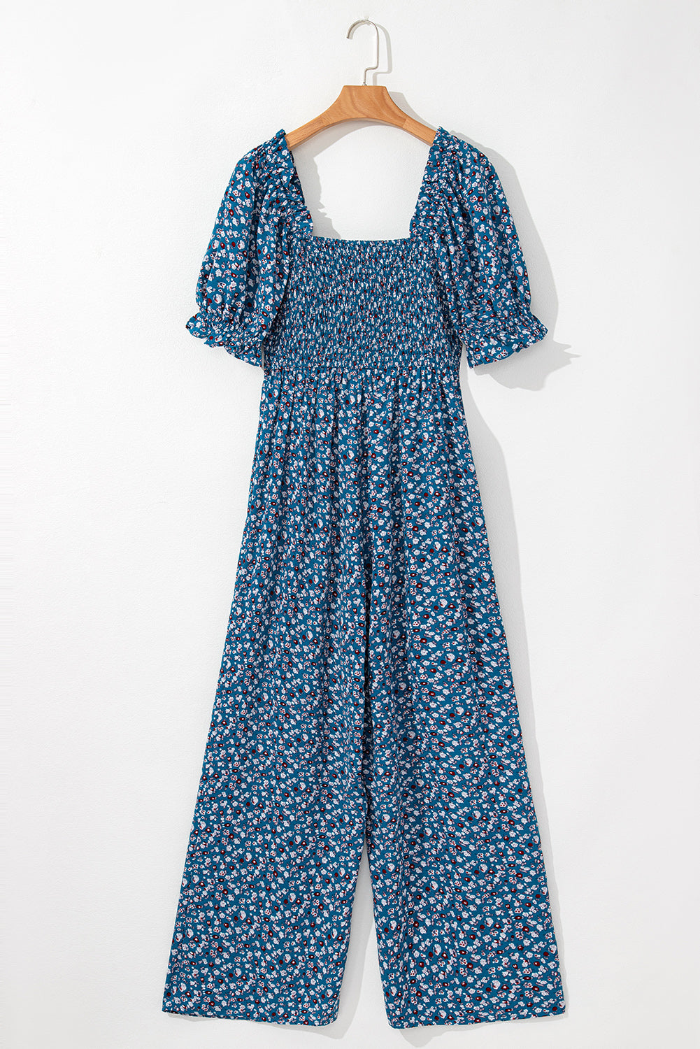 Blue Vintage Boho Floral Smocked Short Puff Sleeve Wide Leg Jumpsuit