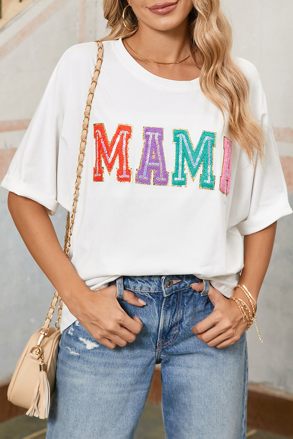 White MAMA Chenille Patched Crew Neck T Shirt