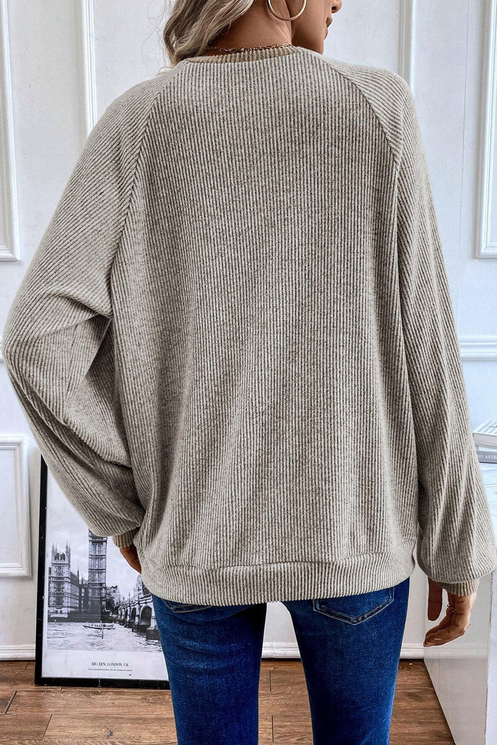 Light Grey Contrast Ribbed Loose Fit Henley Top