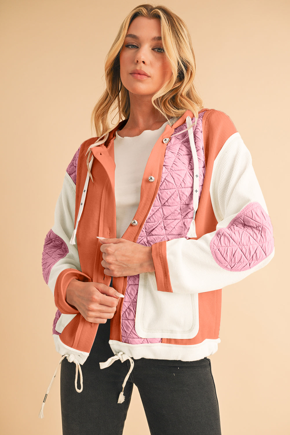 Beige Quilted Textured Patchwork Hooded Jacket