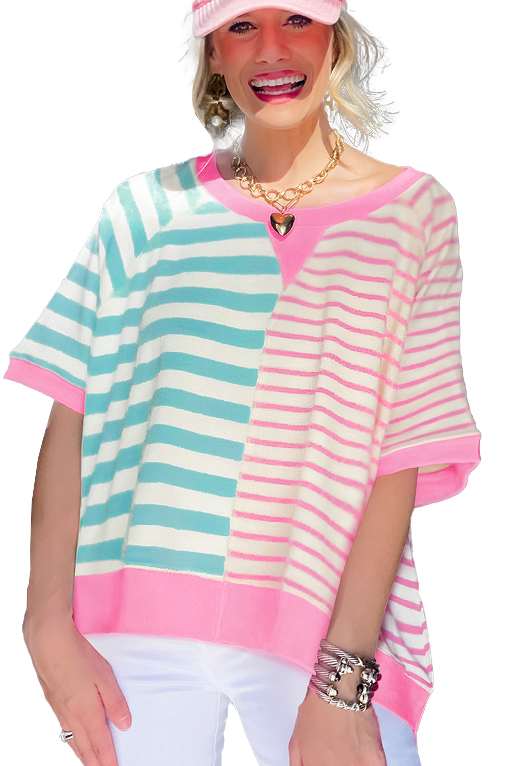 Pink Striped Colorblock Oversized T Shirt