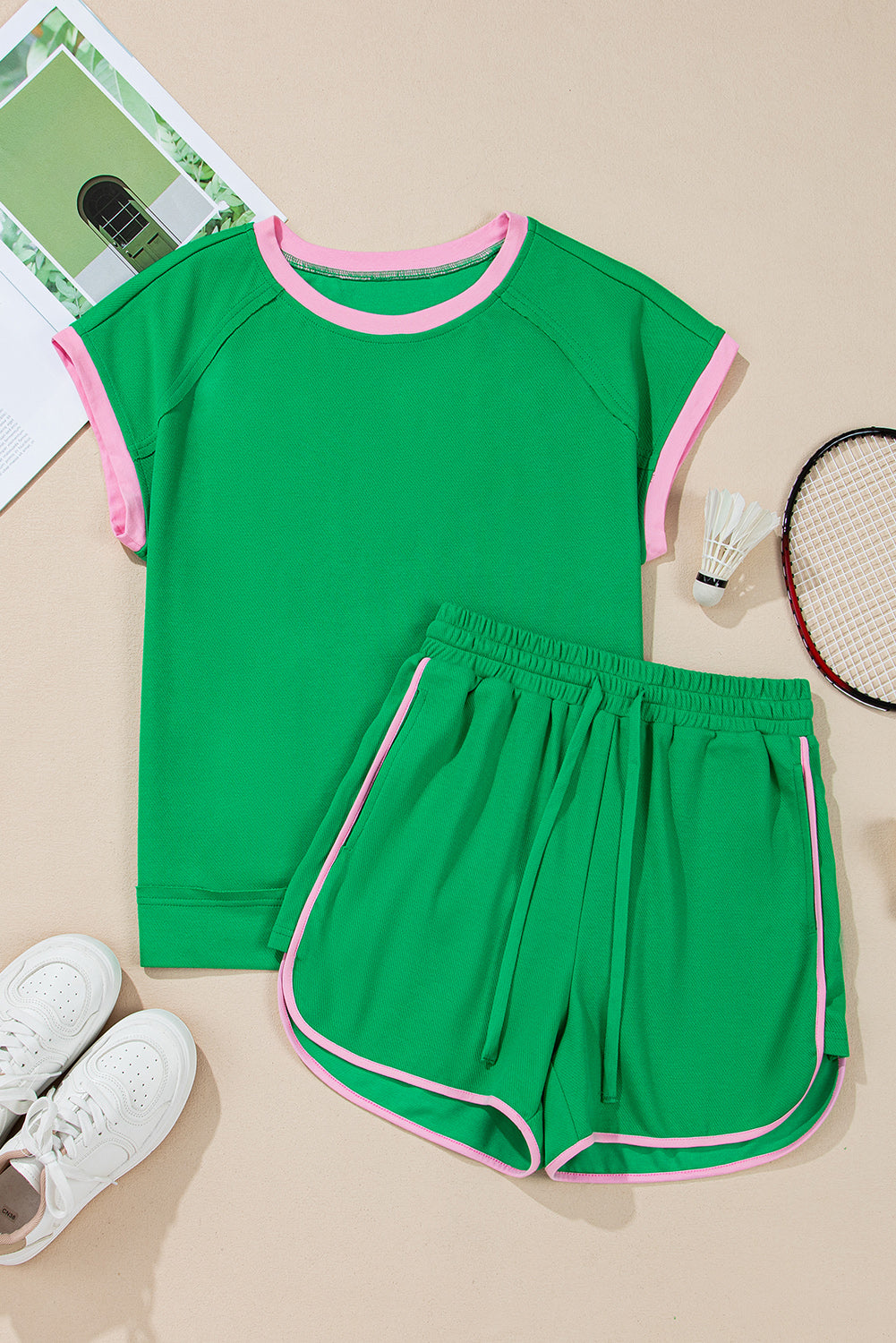 Bright Green Two Tone Contrast Trim Textured Tee and Shorts Set