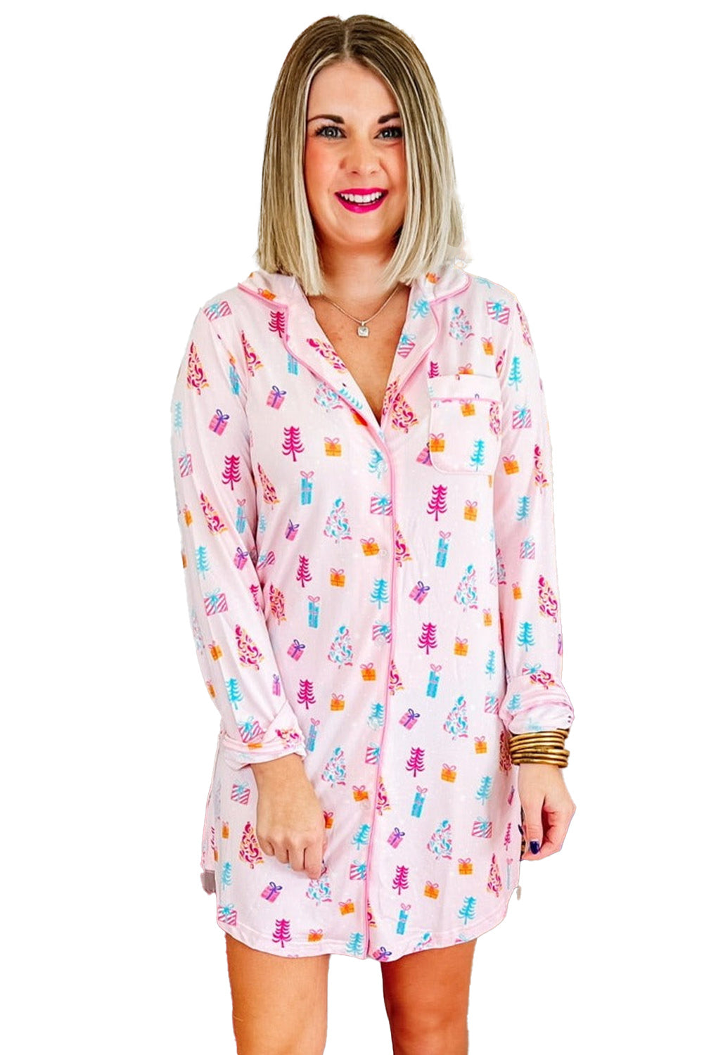 Pink Christmas Twinkle Tree Print Casual Shirt Sleep Dress