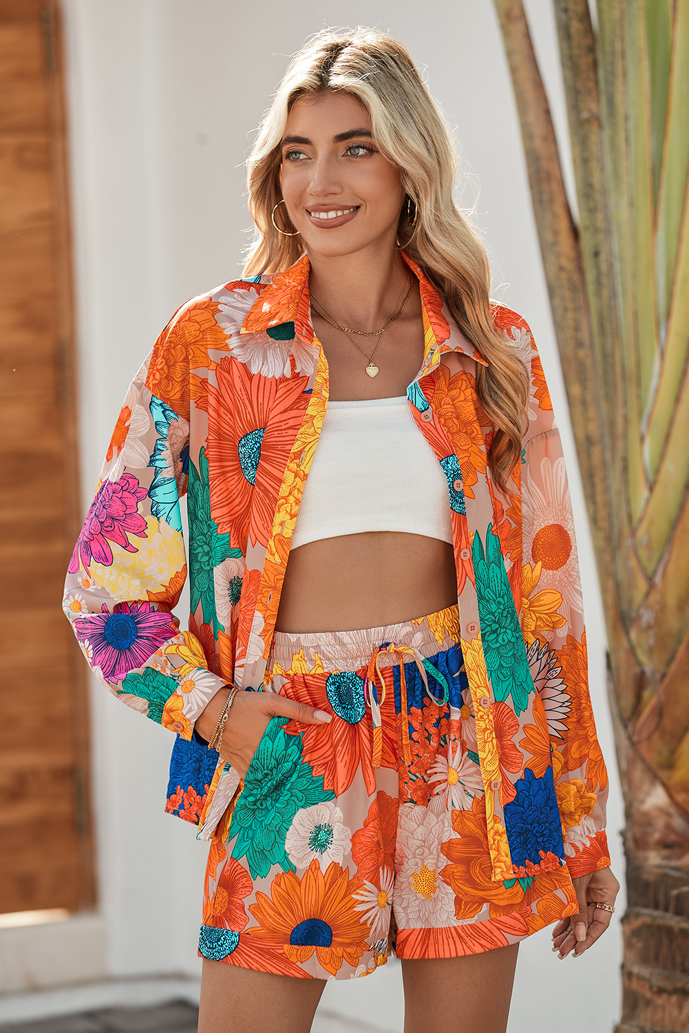 Orange Floral Print Lantern Sleeve Shirt & Drawstring Shorts Set