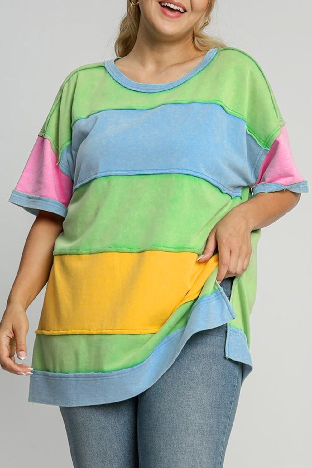 Light Blue Color Block Side Slit Plus Size T Shirt