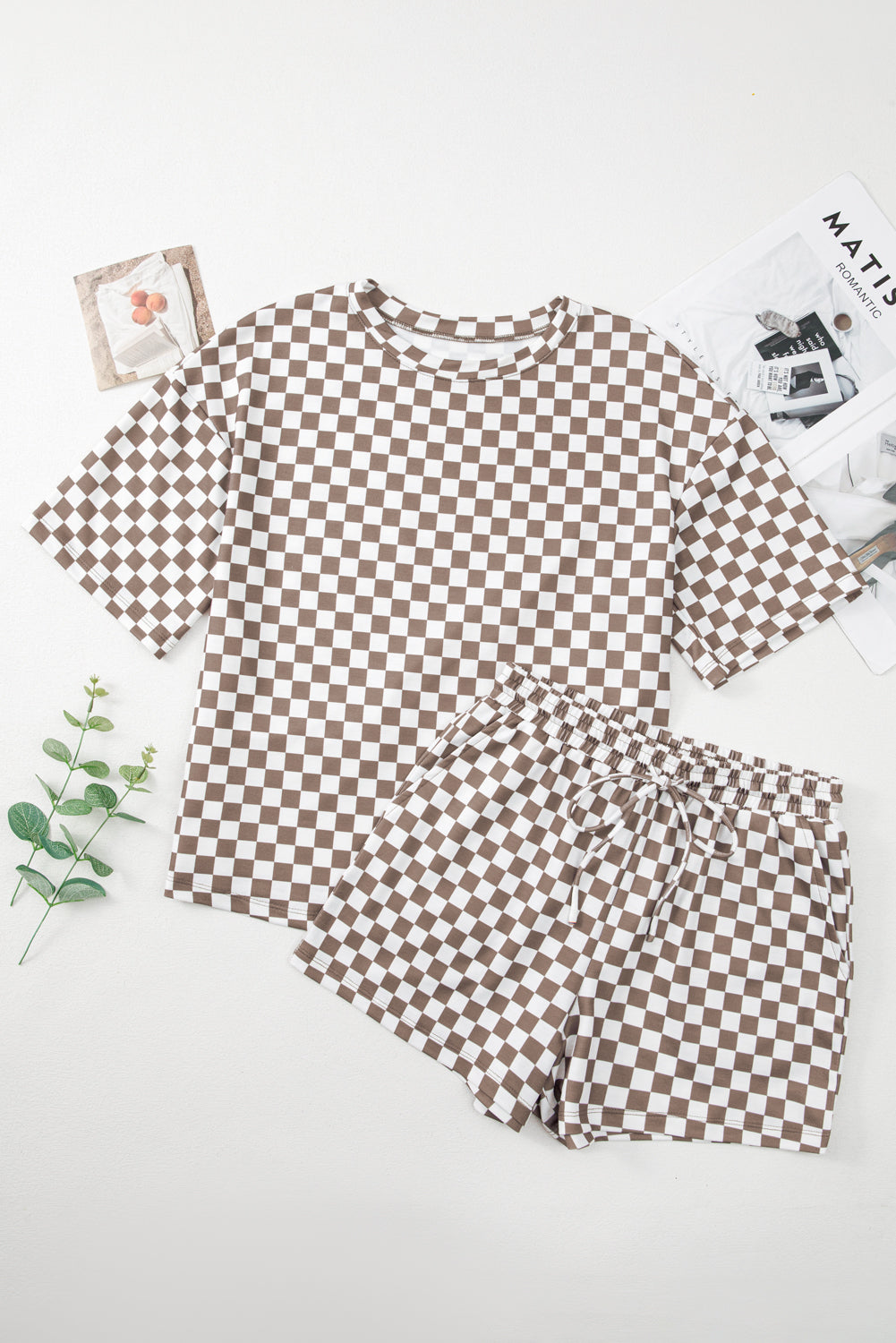 Brown Checkered Top and Drawstring Shorts Pajama Set