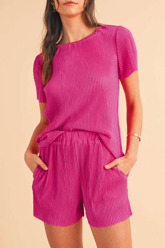 Bright Pink Ribbed Pleated Tee and Pocketed Shorts Set