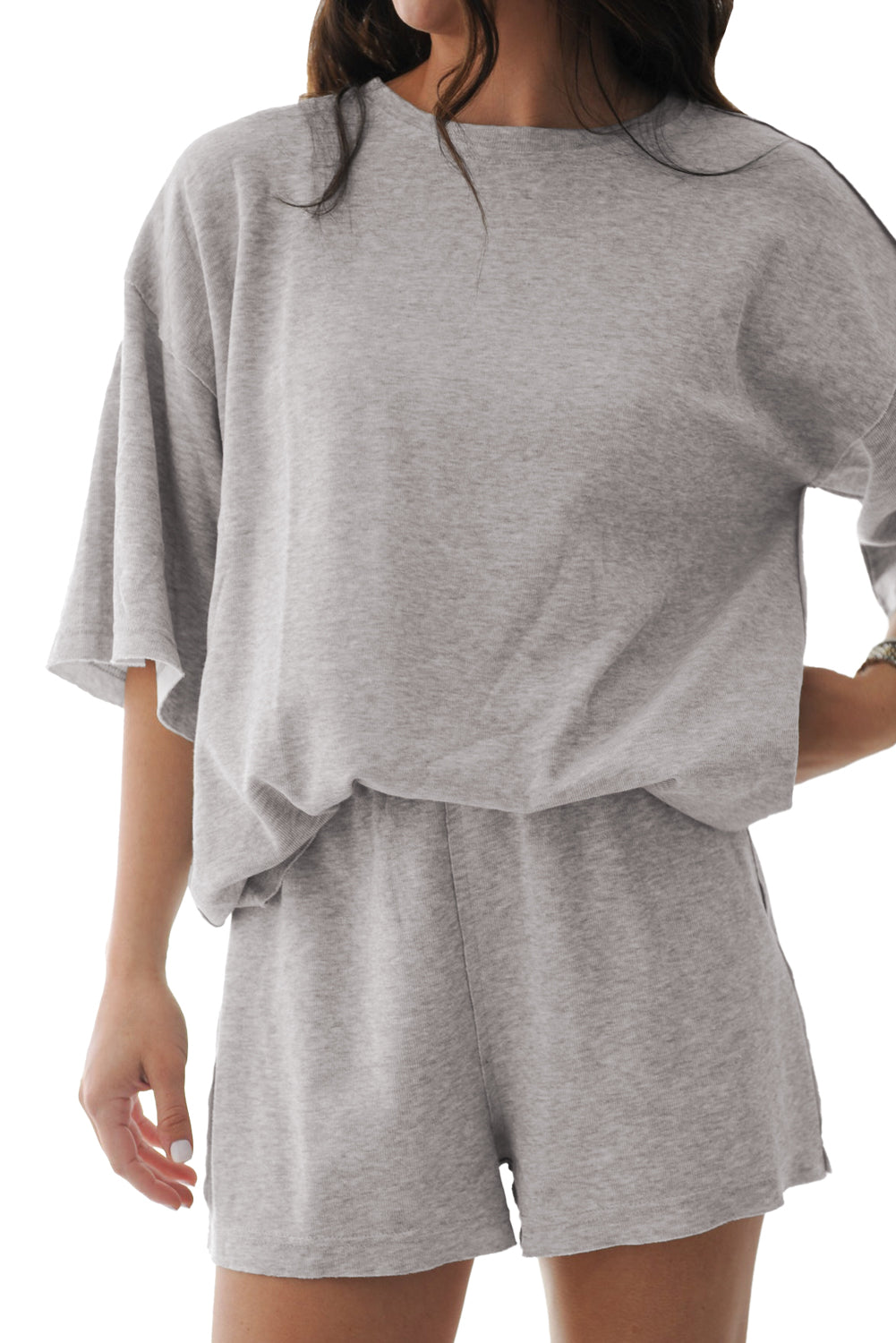 Gray Solid Color Short Sleeve Tee High Waist Shorts Set