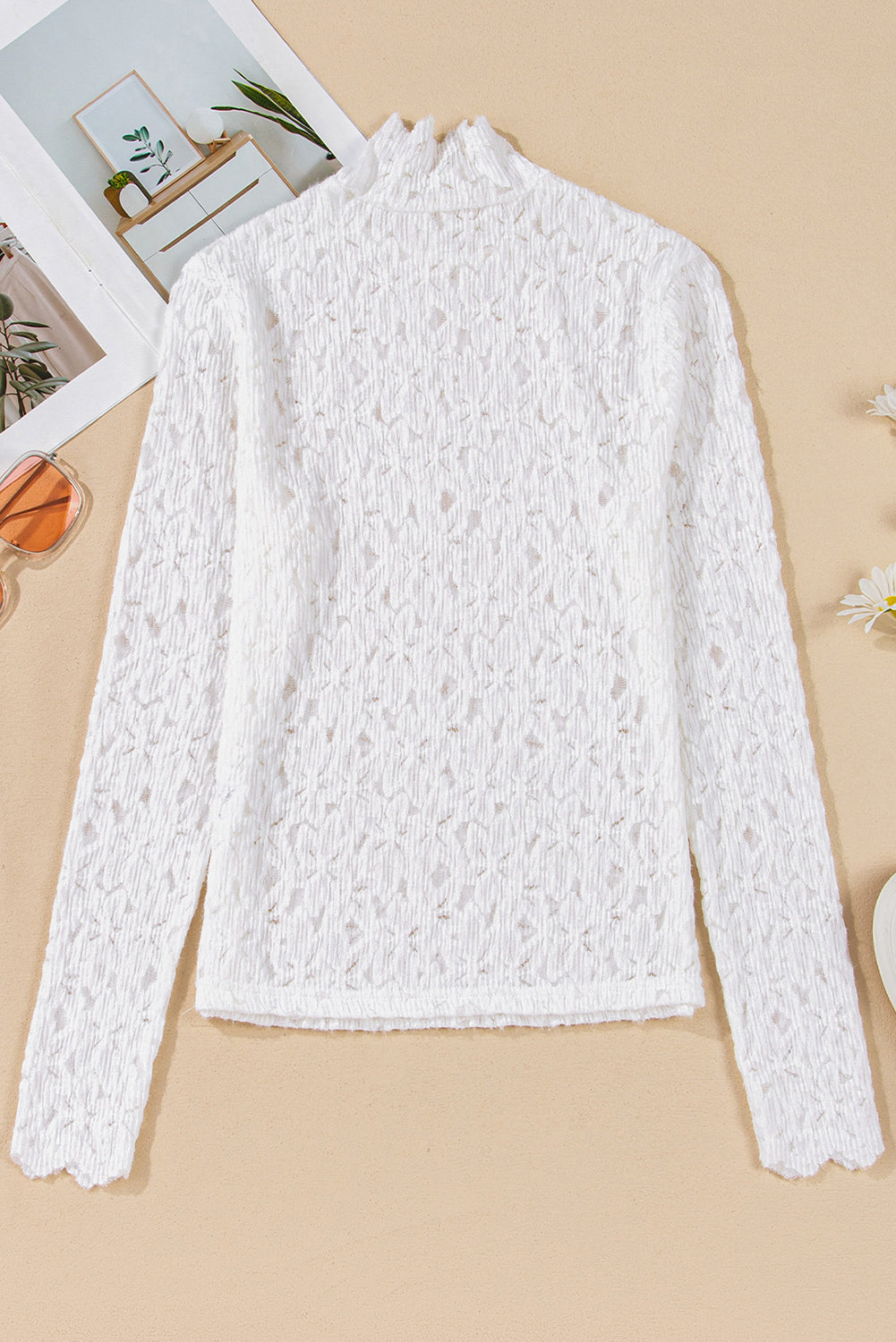 White Lace Flower See Through Slim Fit Long Sleeve Top