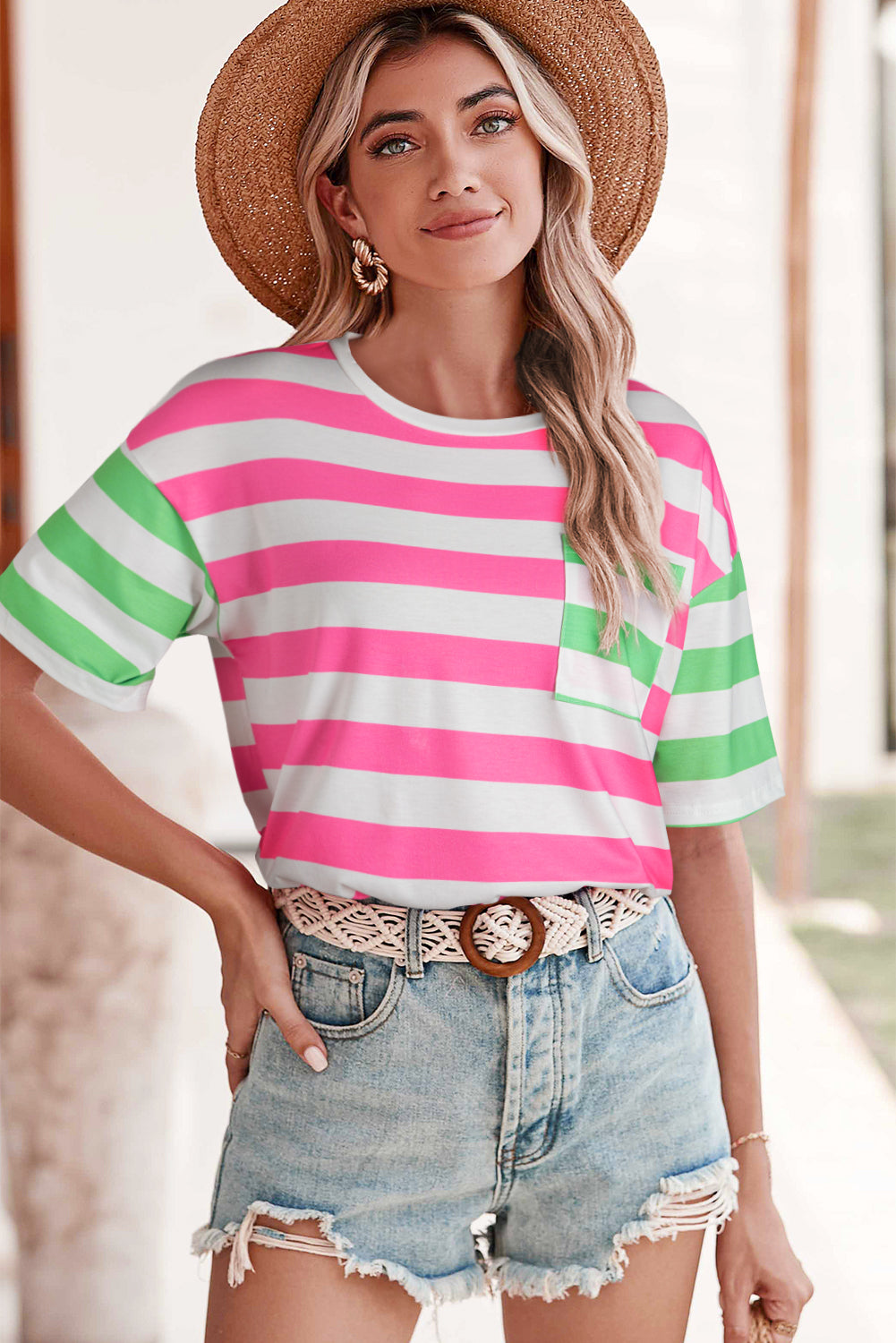 Pink Stripe Patch Pocket Drop Sleeve Slits T Shirt