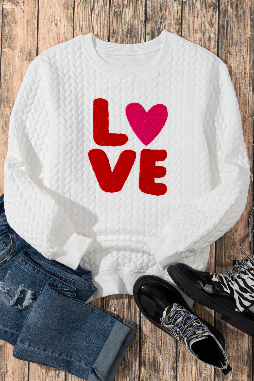 White XOXO Chenille Letter Patch Quilted Sweatshirt