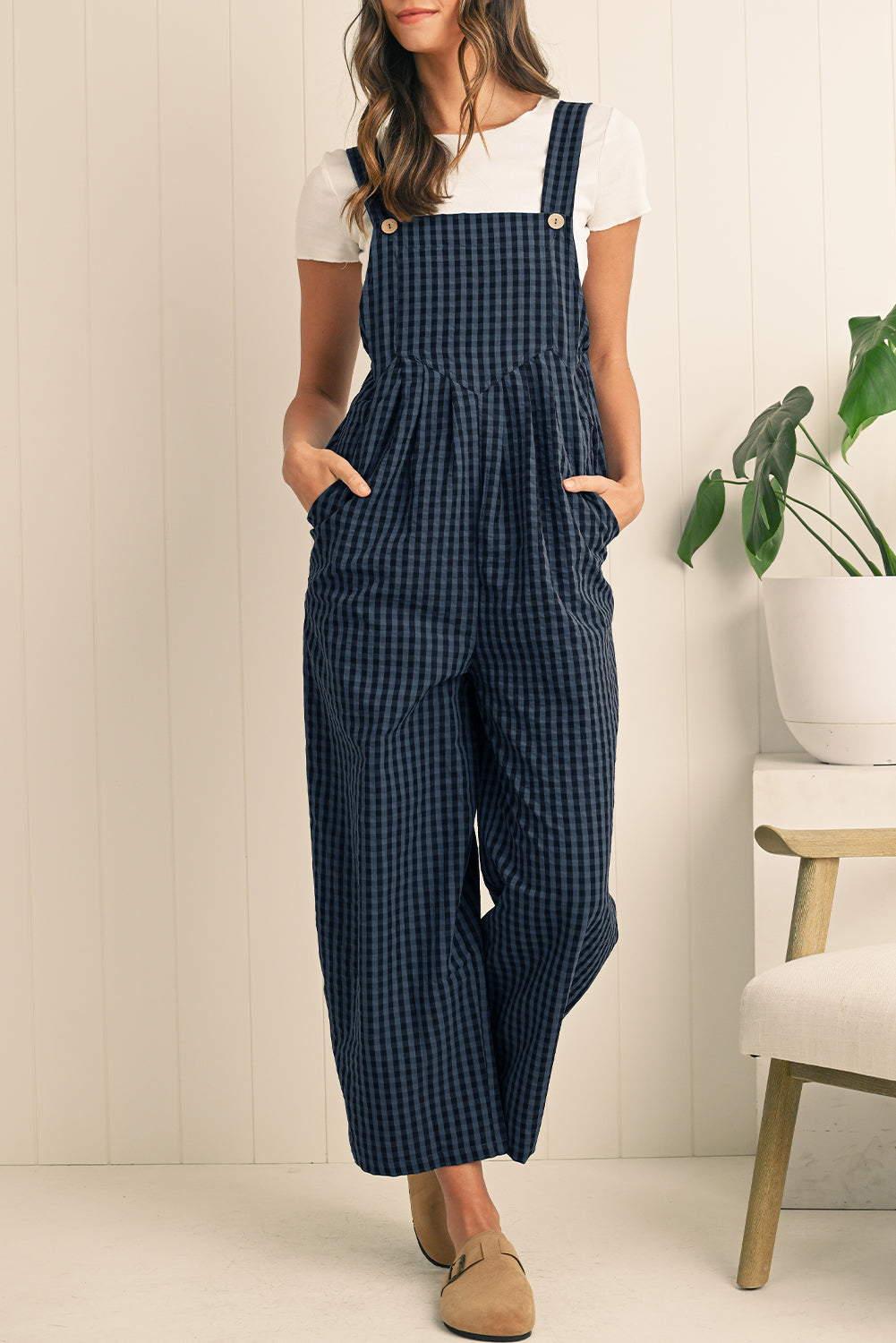 Sail Blue Plaid Print Buttoned Pocket High Waist Overall