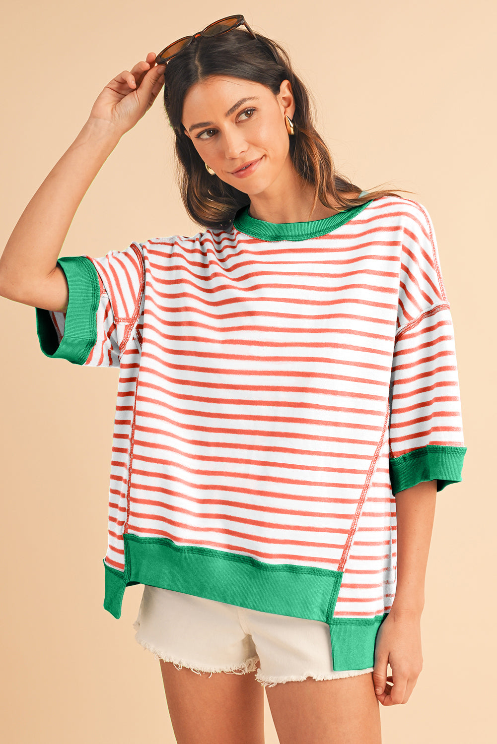 Sky Blue Stripe Contrast Drop Sleeve Loose Top