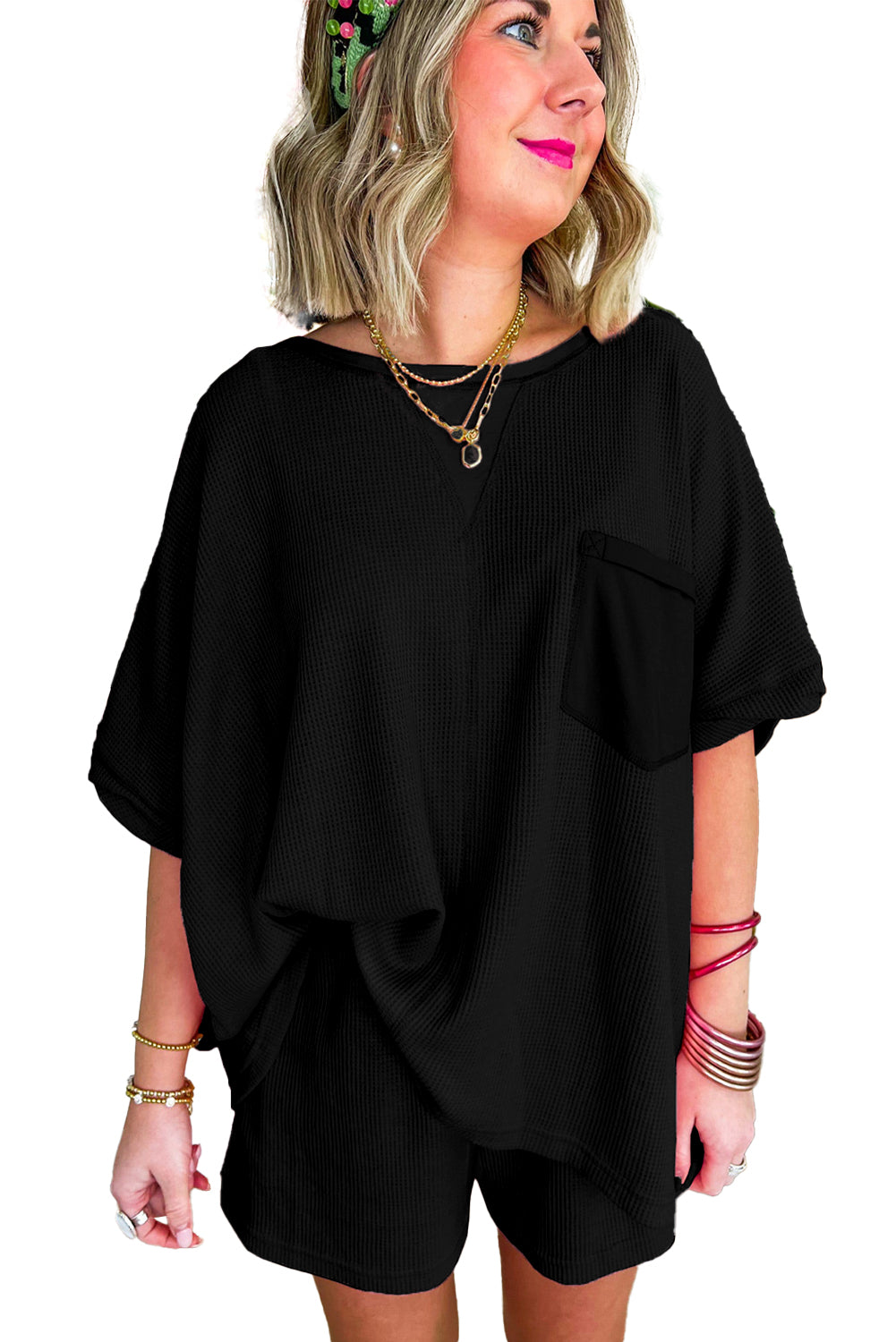 Black Waffle Knit Oversize Tee and Shorts Set