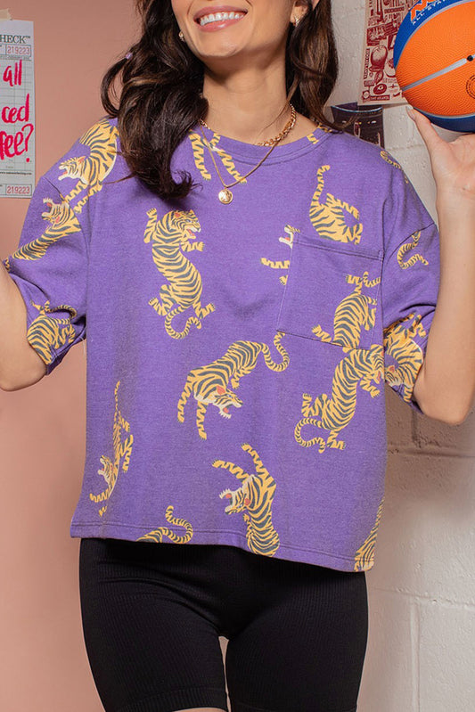 Purple Allover Tiger Print Patch Pocket Loose T Shirt