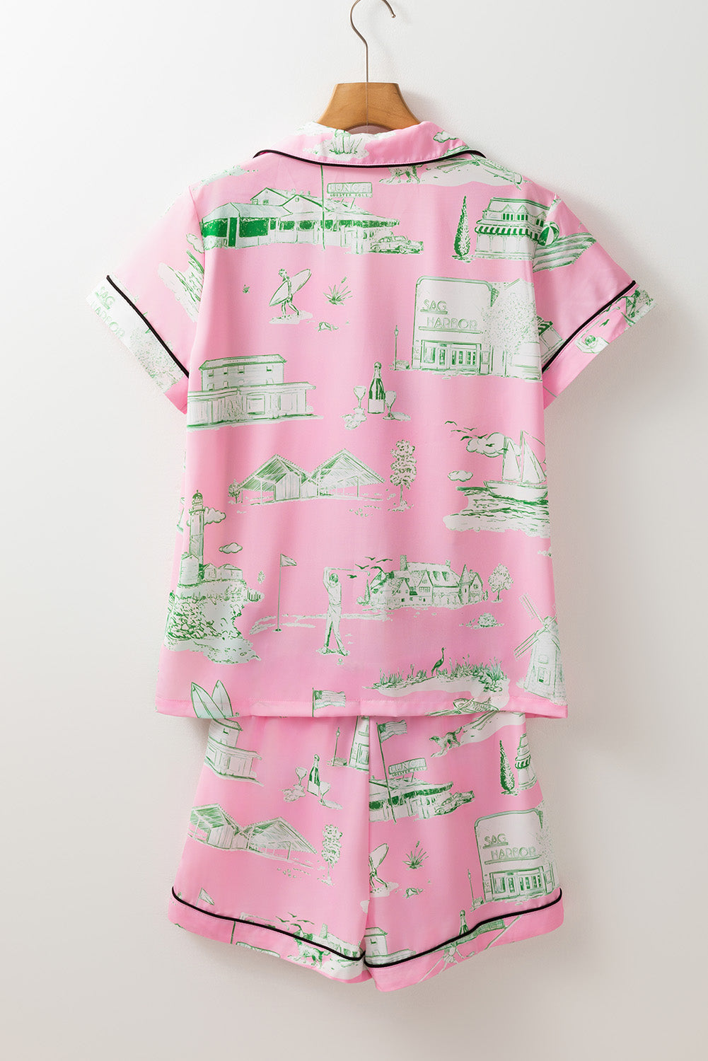 Pink Piping Detail Drawstring Shorts Pajama Set