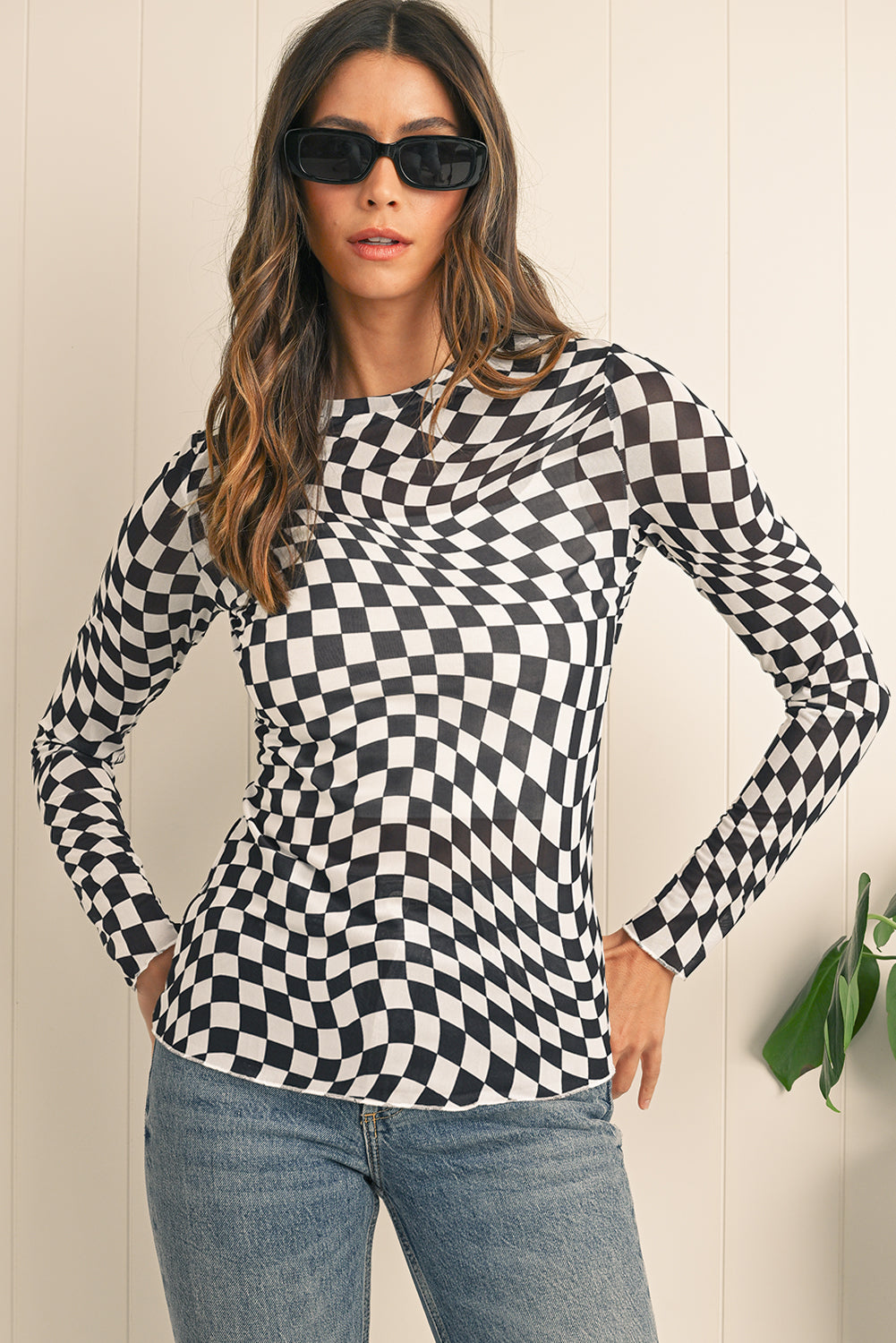 Black Checkered Pattern Mesh Long Sleeve Top