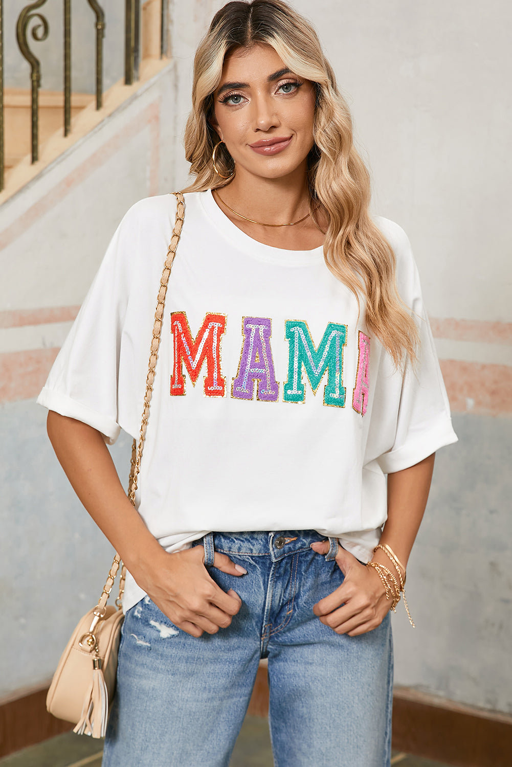 White MAMA Chenille Patched Crew Neck T Shirt