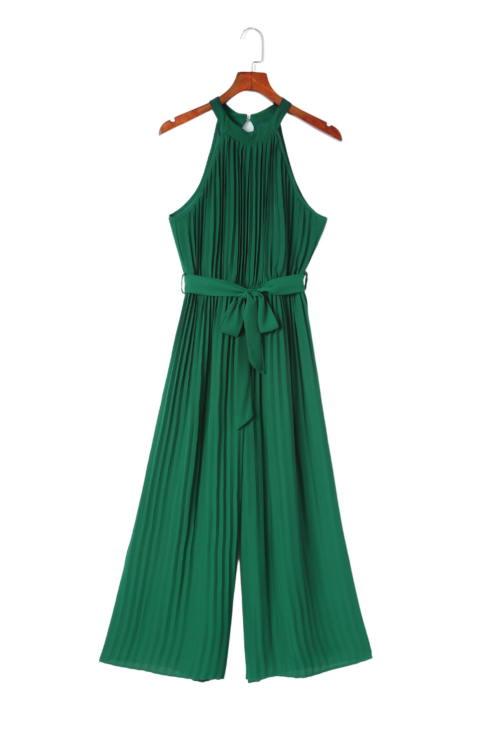 Green Elegant Halter Neck Belted Pleated Wide Leg Jumpsuit