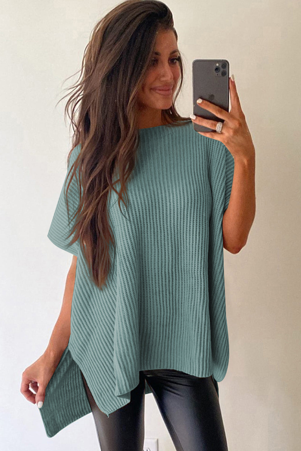 Haze Blue Side Slit Short Sleeve Oversized Sweater