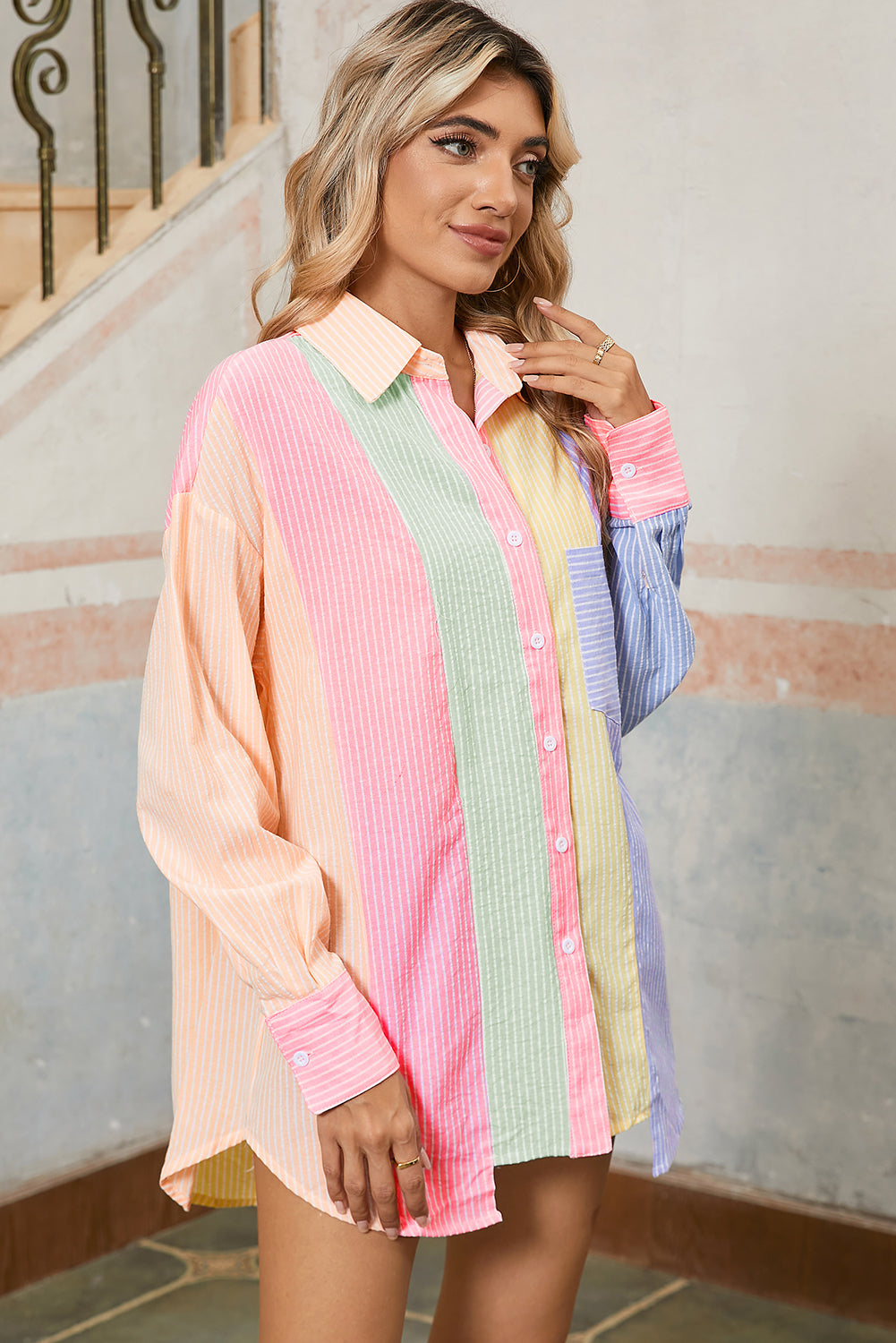 Pink Stripe Color Block Buttoned Oversized Shirt