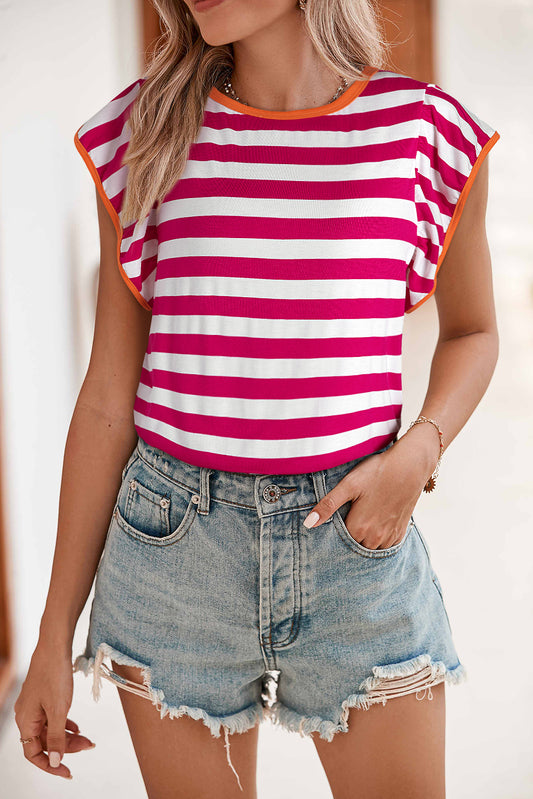 Rose Red Ruffle Sleeve Contrast Trim Striped Tee