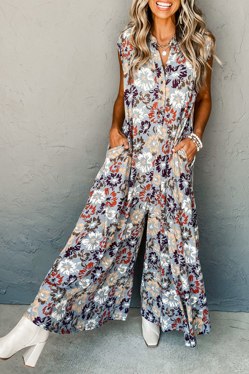 Sky Blue Floral Sleeveless Pocketed Wide Leg Jumpsuit