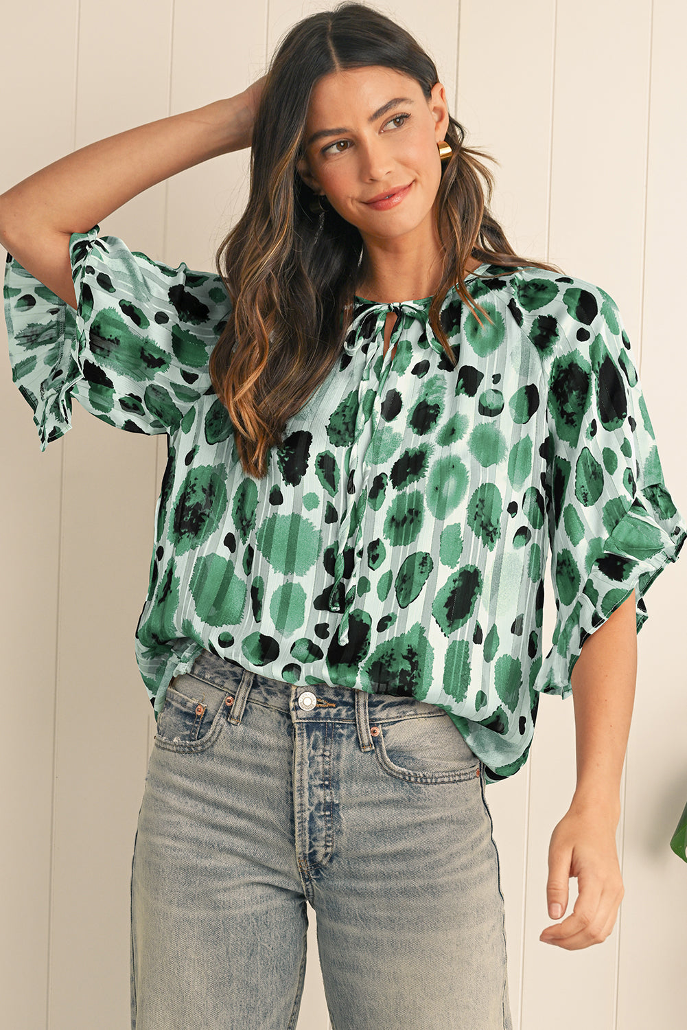 Green Abstract Print Ruffle 3/4 Sleeve Tie Neck Blouse