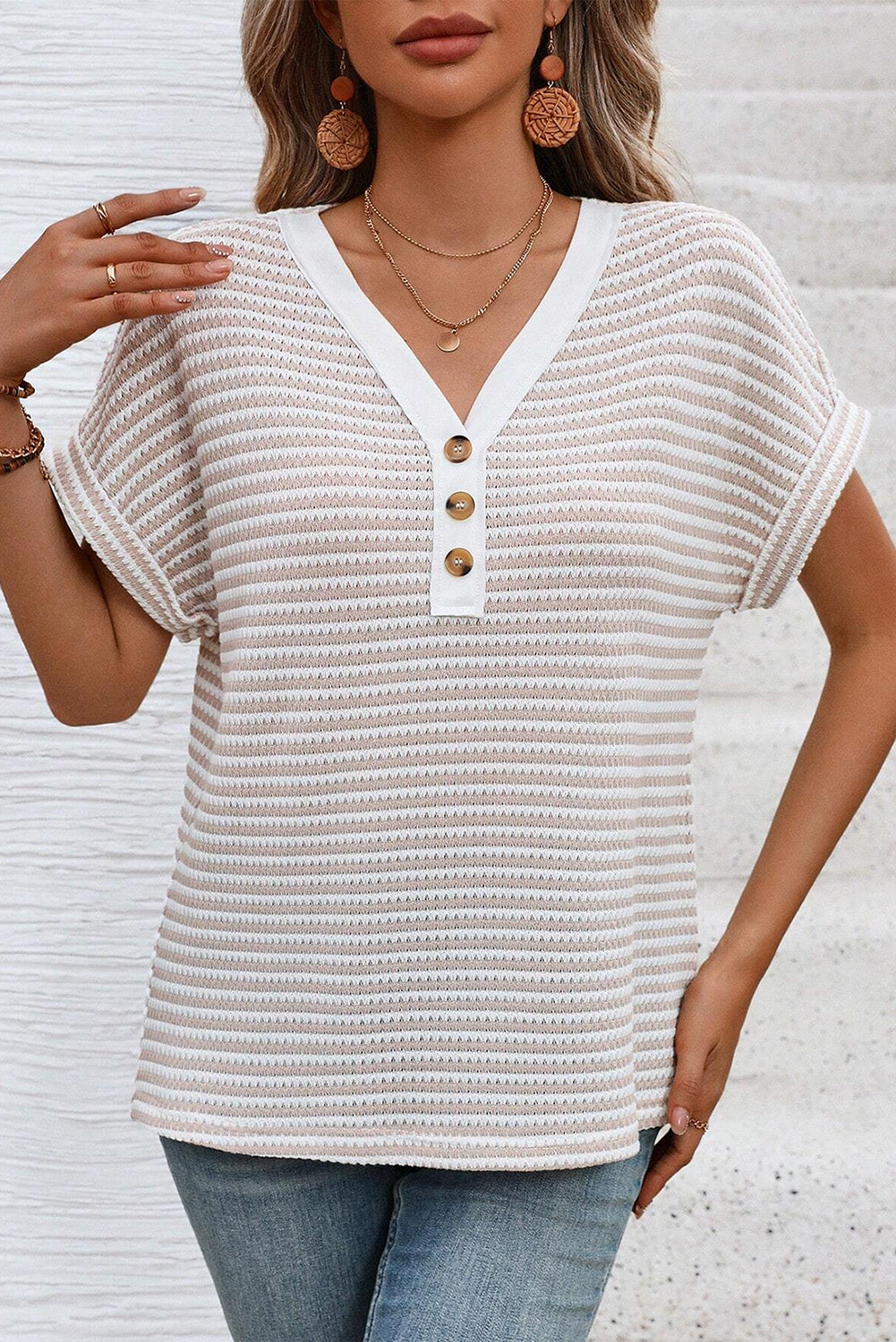 Khaki Striped Button Front V Neck Knitted Top