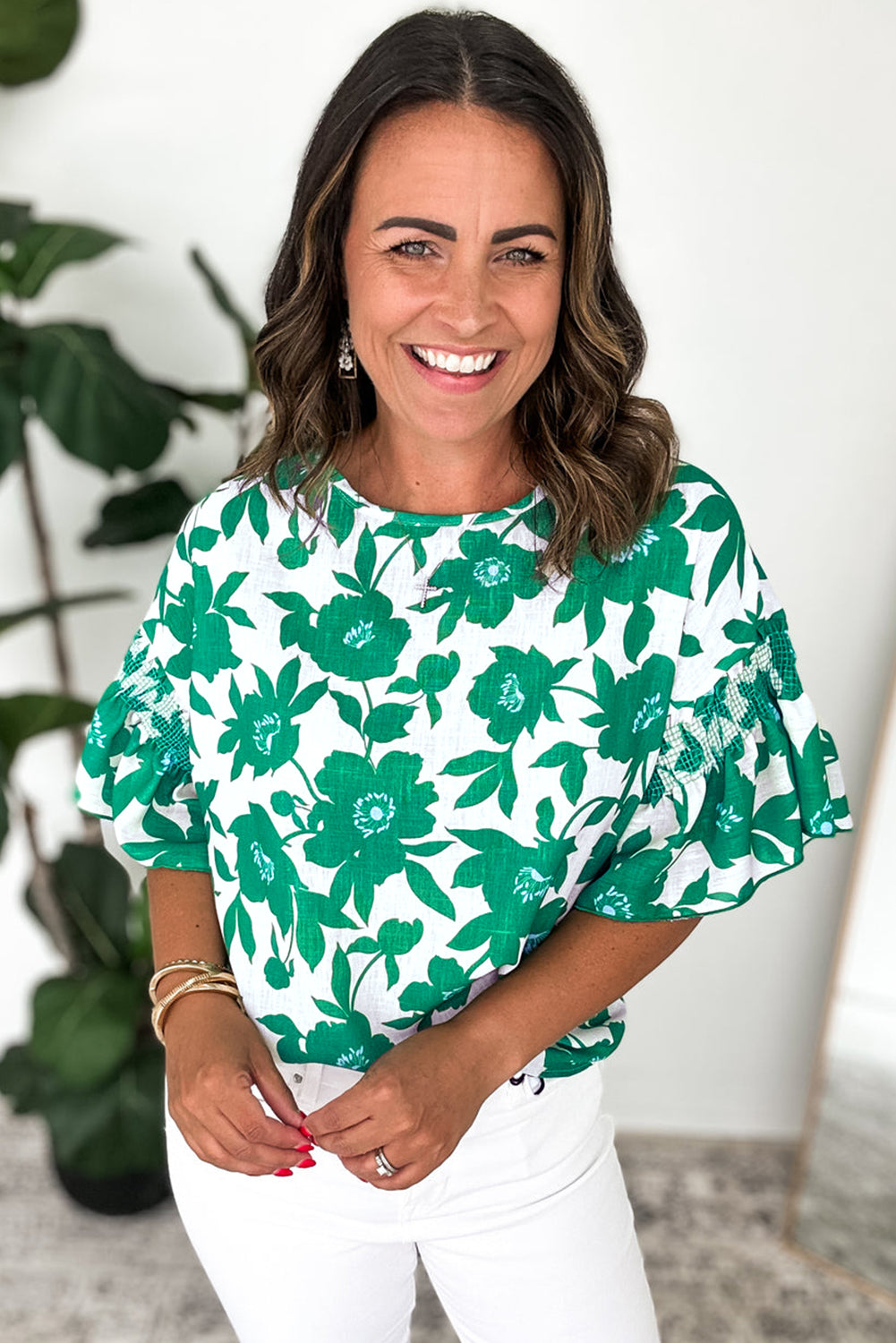 Green Floral Print Ruffle Short Sleeve Loose Blouse