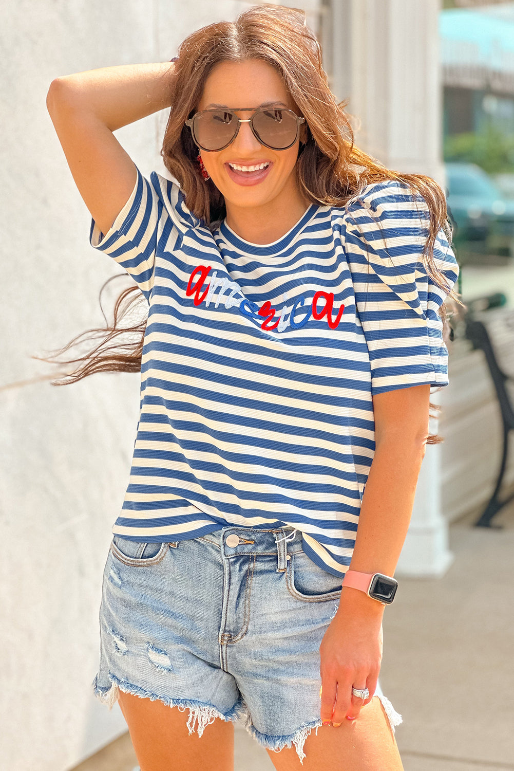 Blue Stripe america Letter Print Puff Sleeve T-shirt