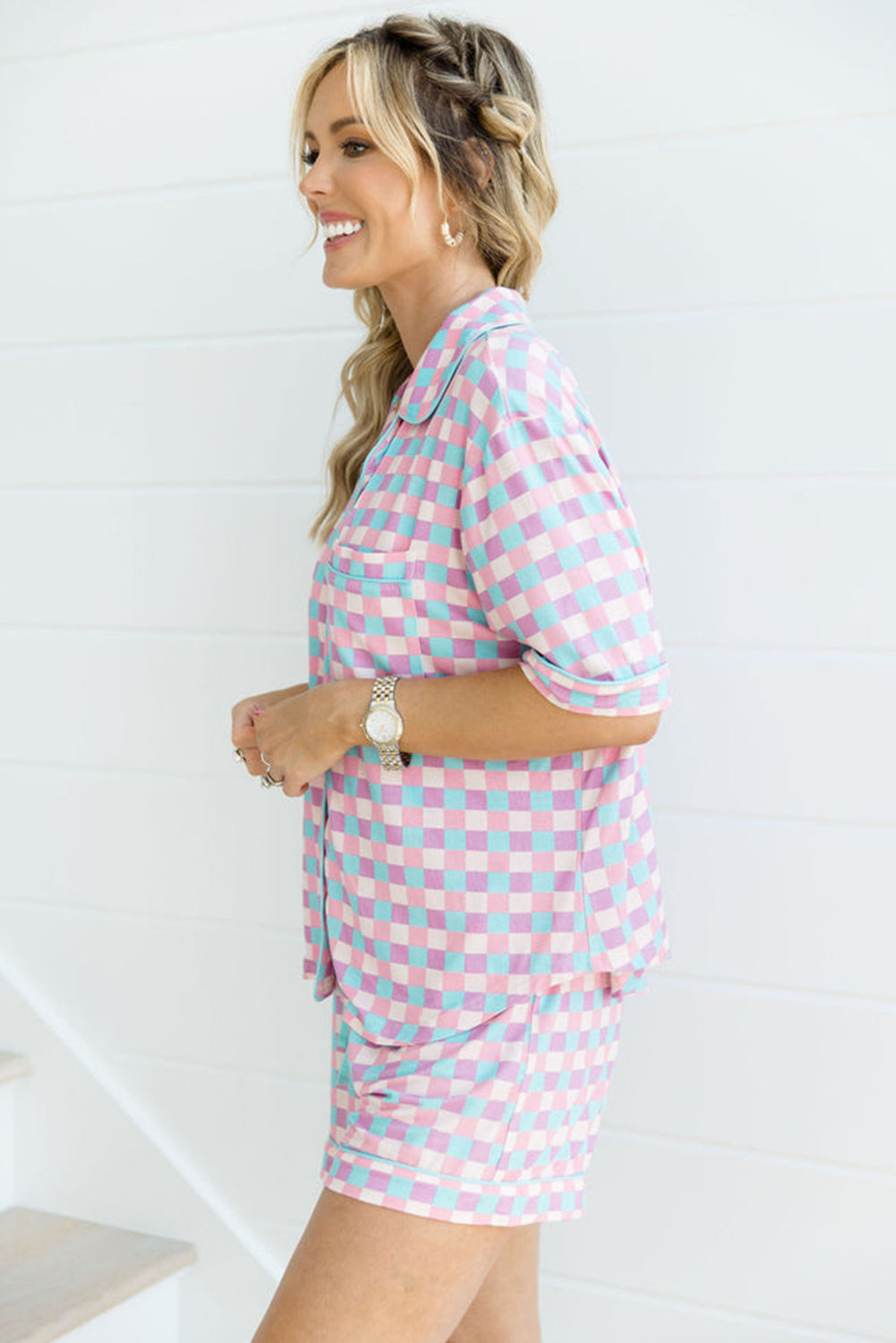 Purple Checkered Pattern Short Sleeve Pajama Set