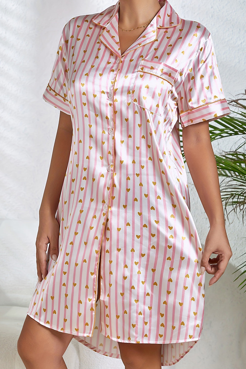 Pink Heart Print Striped Short Sleeve Button Up Pajama Dress