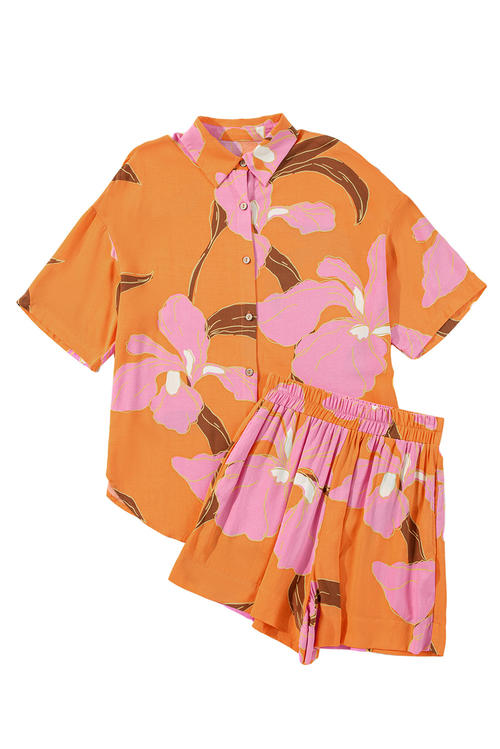 Russet Orange Floral Print Loose Shirt and Shorts Set