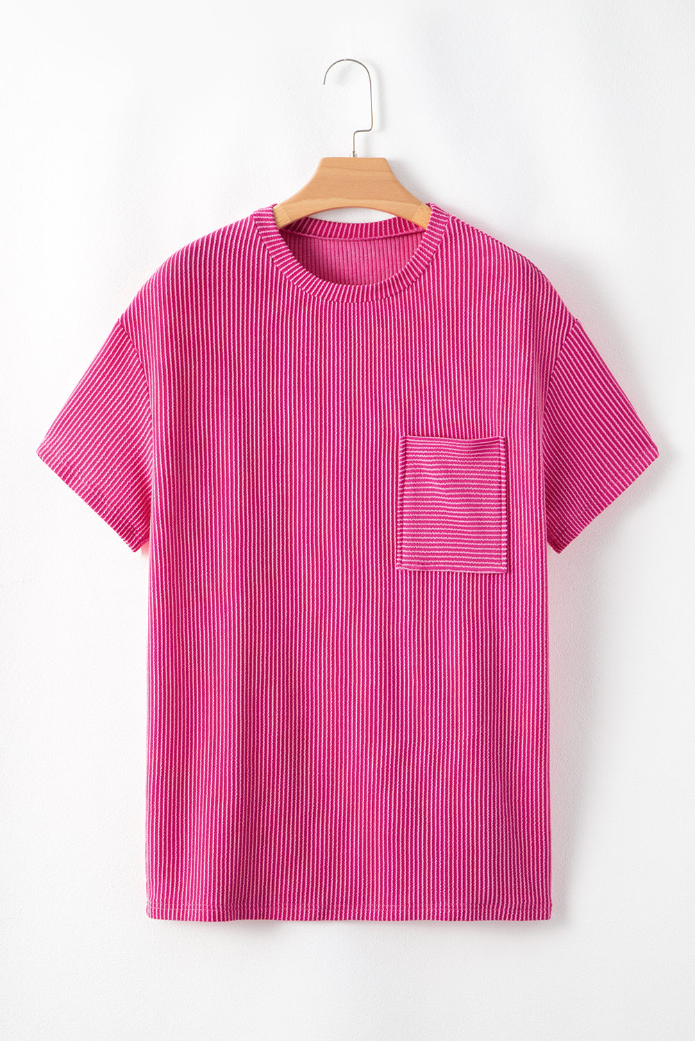 Pink Crinkle Rib Knit Pocketed Loose Fit Crew Neck T Shirt