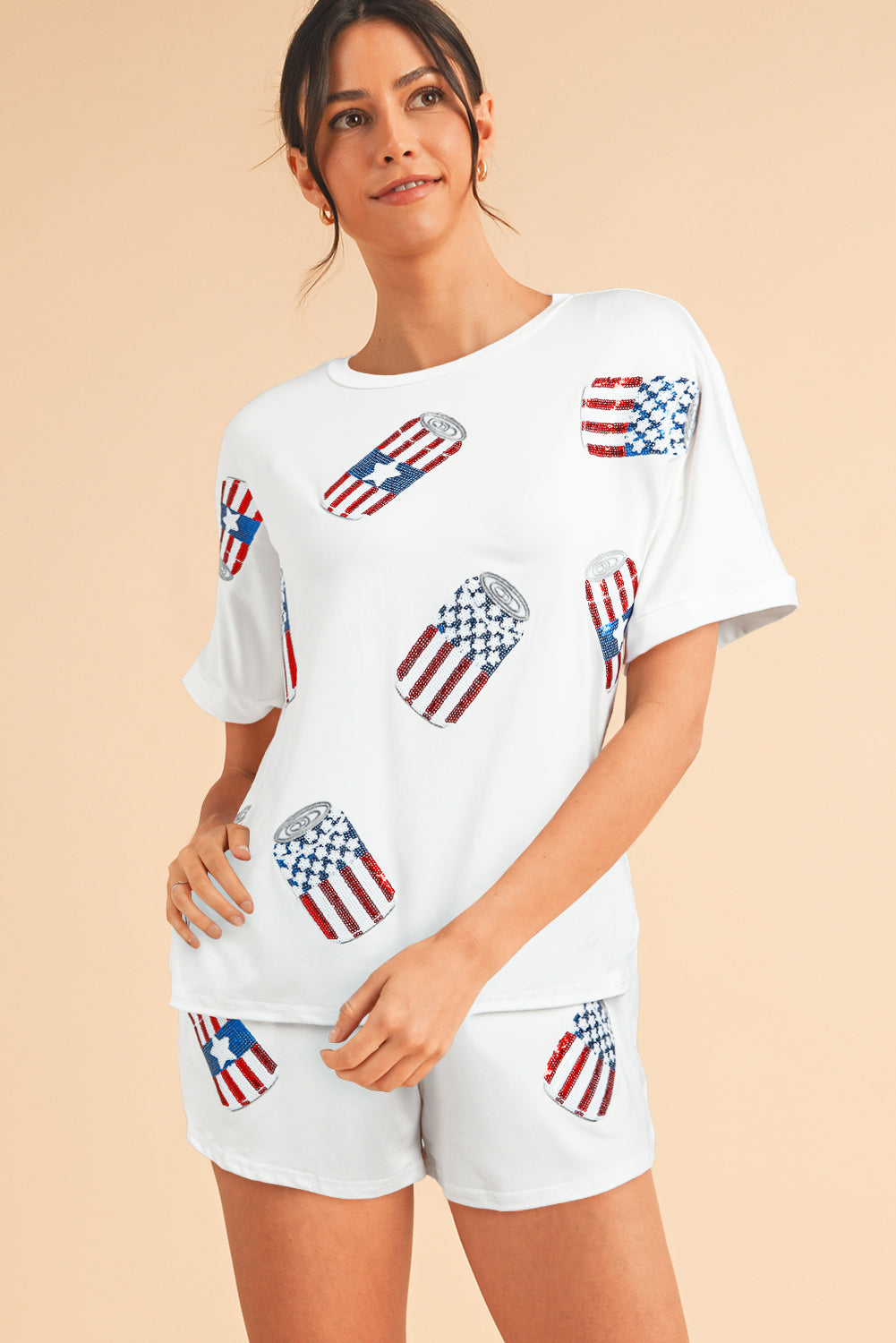 White Sequin American Flag Can Graphic Tee and Shorts Set