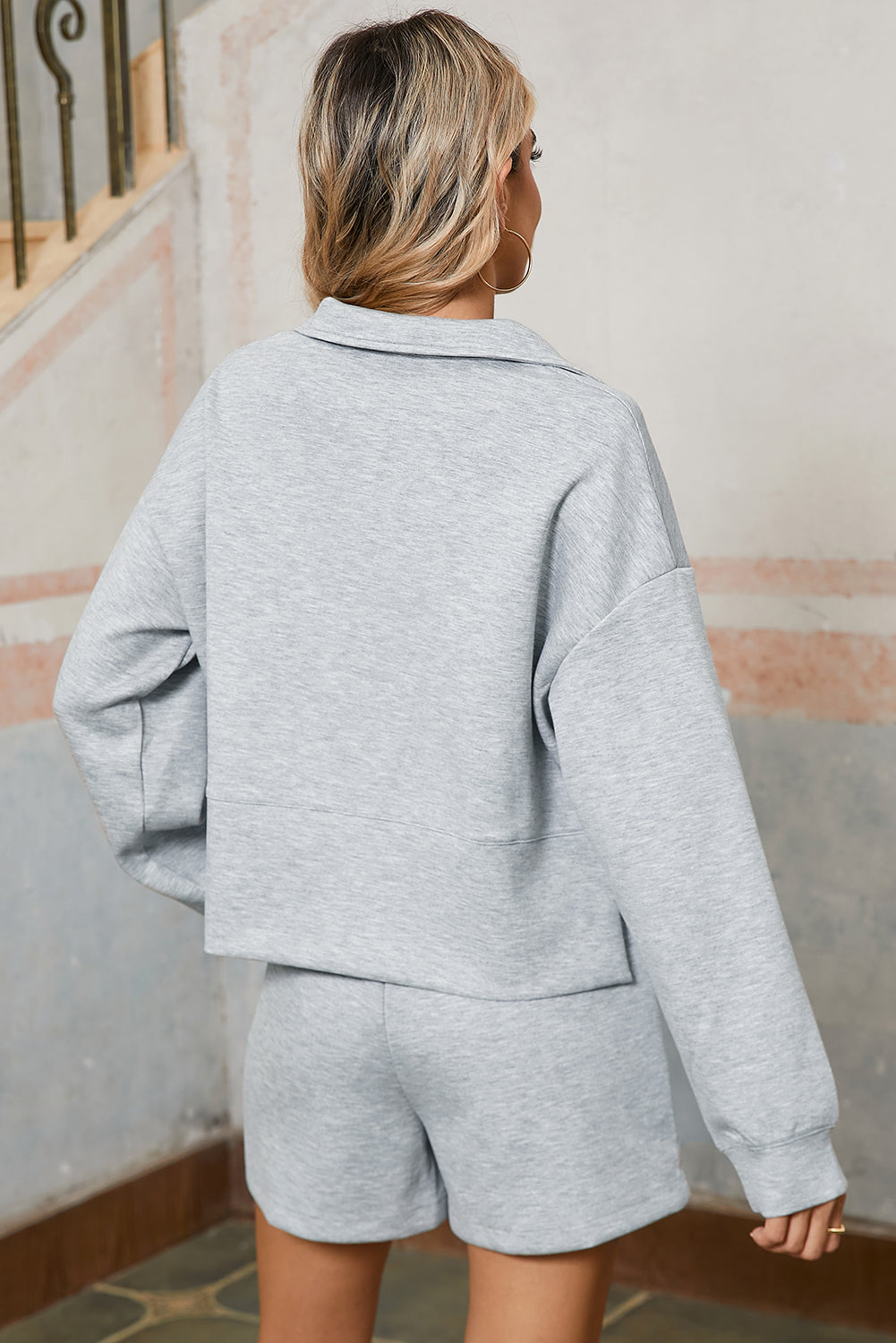 Light Grey Plain Quarter-Zip Pullover Top and Shorts Set