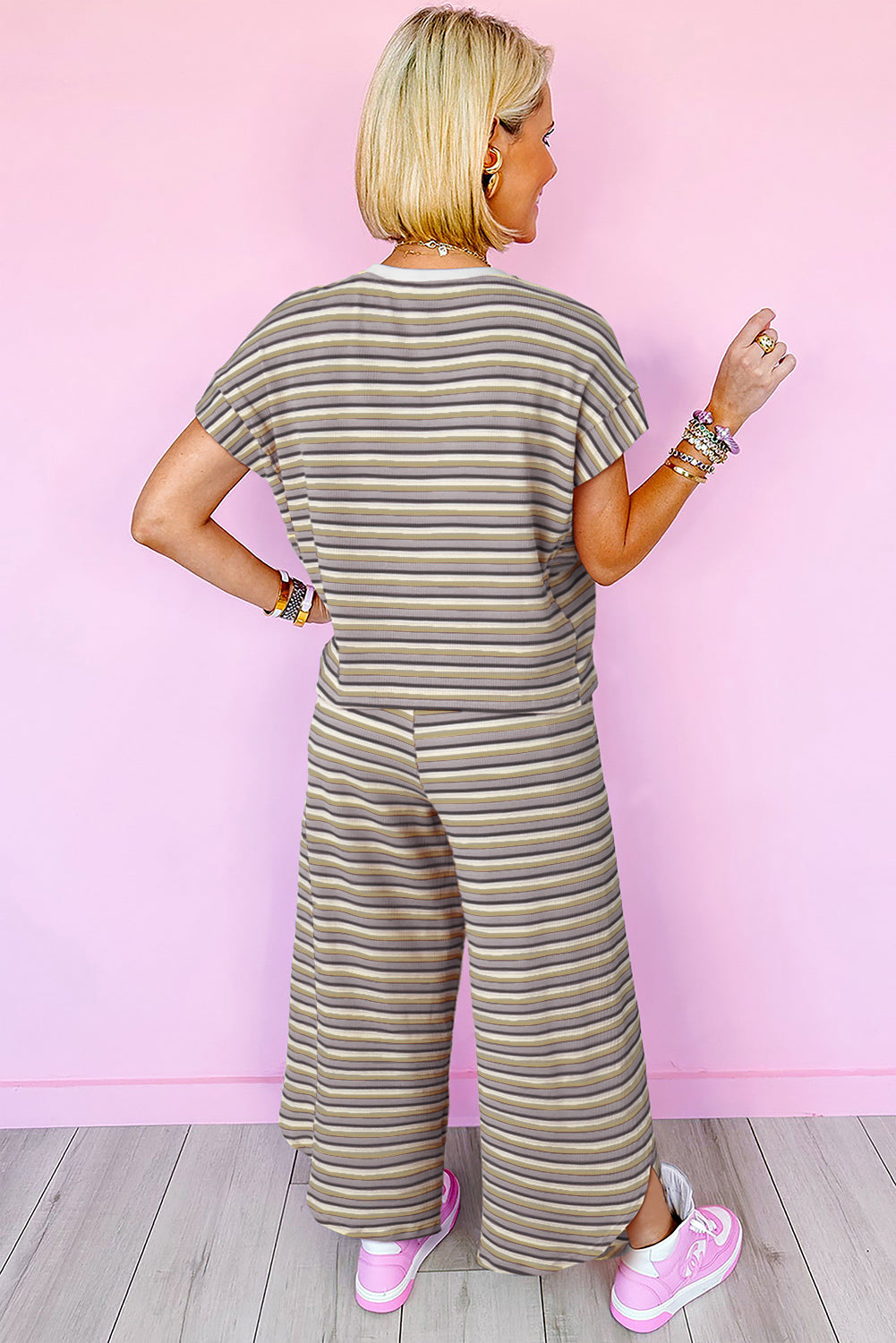 Black Stripe Rainbow Tee and Tassel Drawstring Wide Leg Pants Set