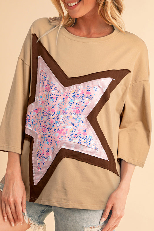 Camel Ditsy Floral Star Patched 3/4 Sleeve T Shirt