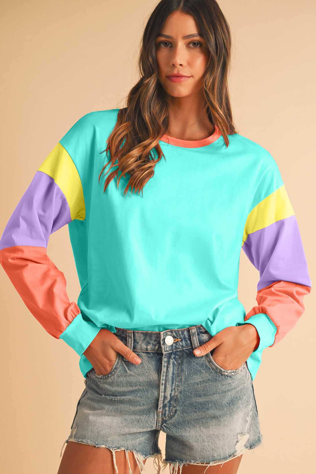 Dark Blue Color Block Sleeve Loose Fit Top