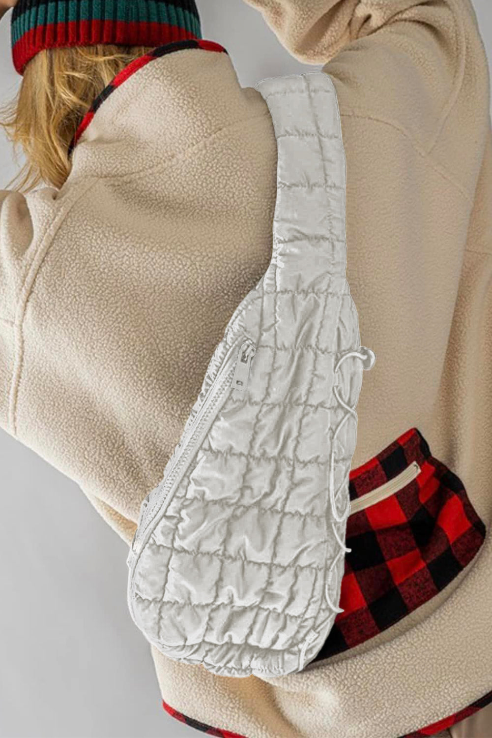 White Marshmallow Quilted Drawstring Decor Sling Bag