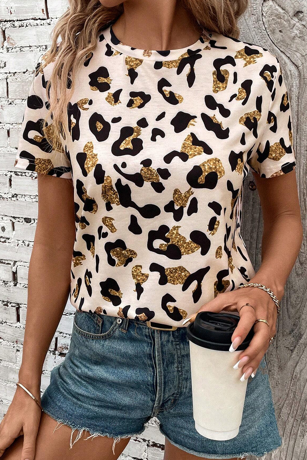 Apricot Leopard Print Round Neck Casual T Shirt