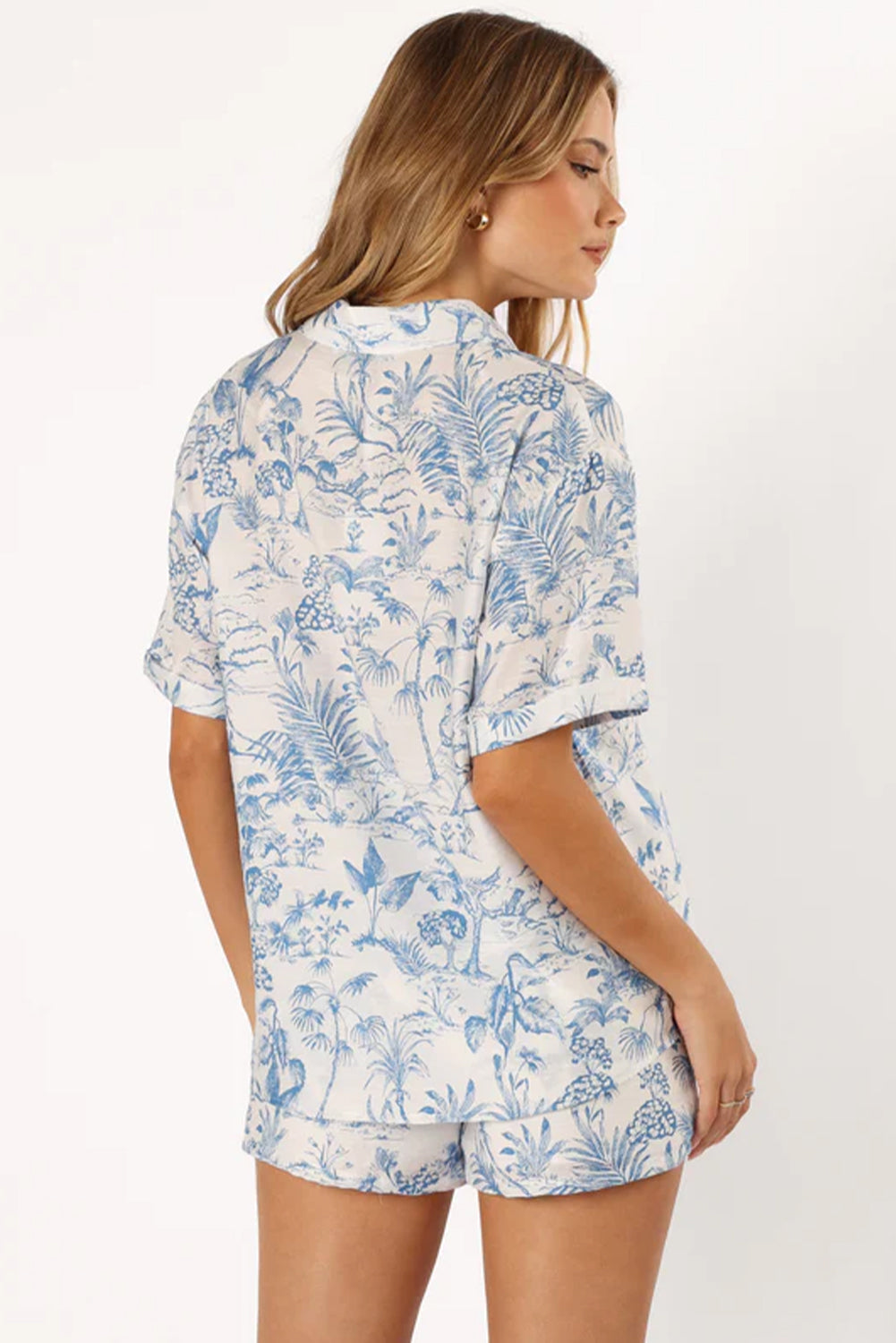 Sky Blue Tropical Print Button-Up Shirt & Shorts Lounge Set