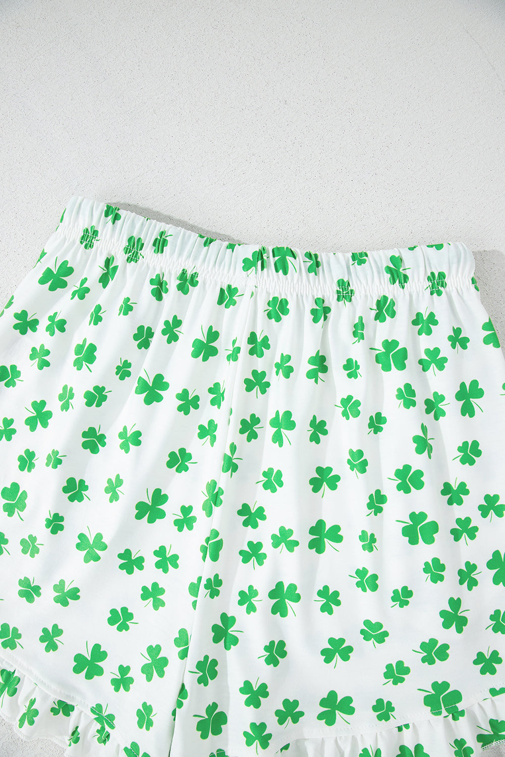 Green St Patricks Day Clover Print Shirt and Ruffle Hem Shorts Pajama Set