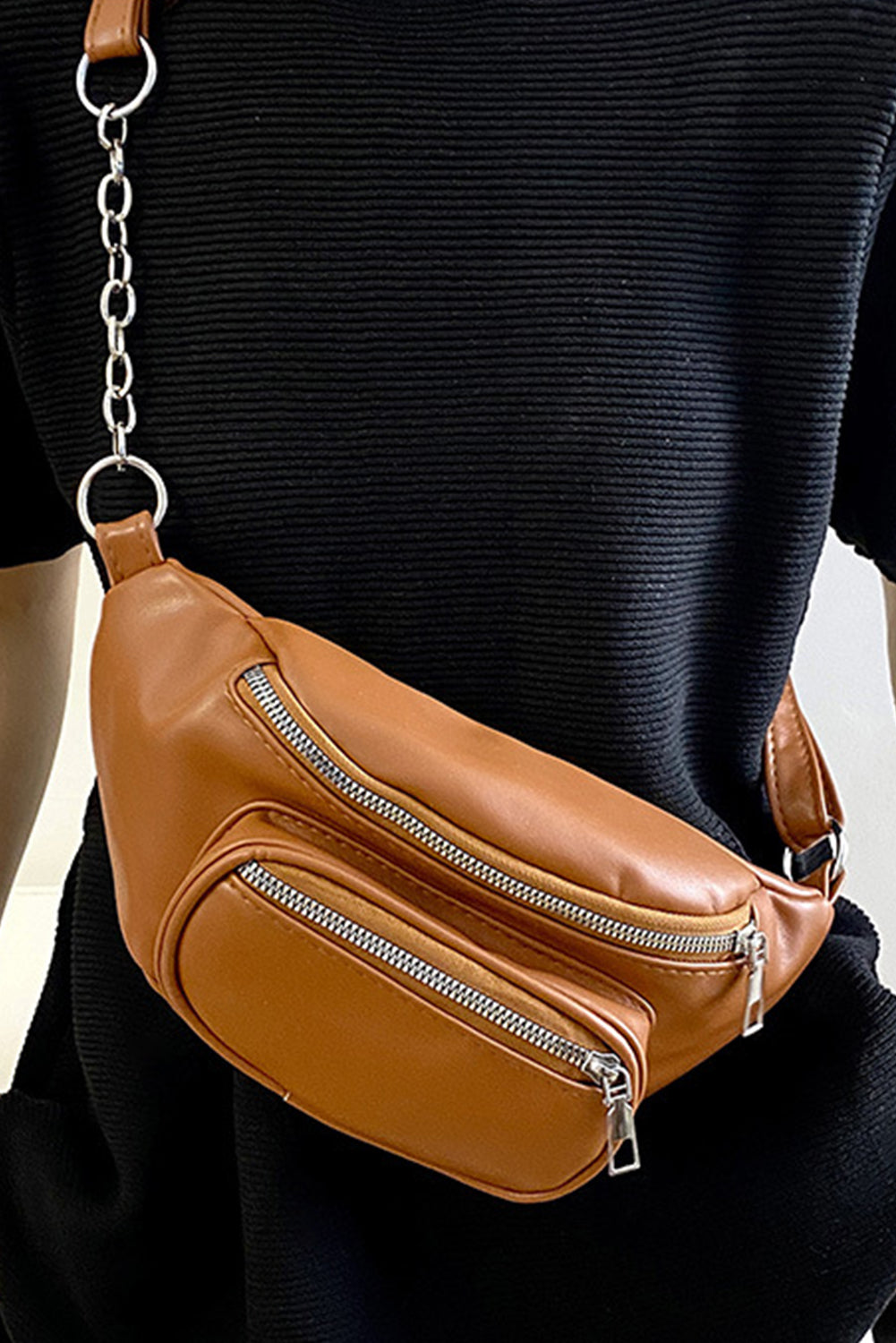 Chestnut Zipper PU Leather Chain Linked Crossbody Bag