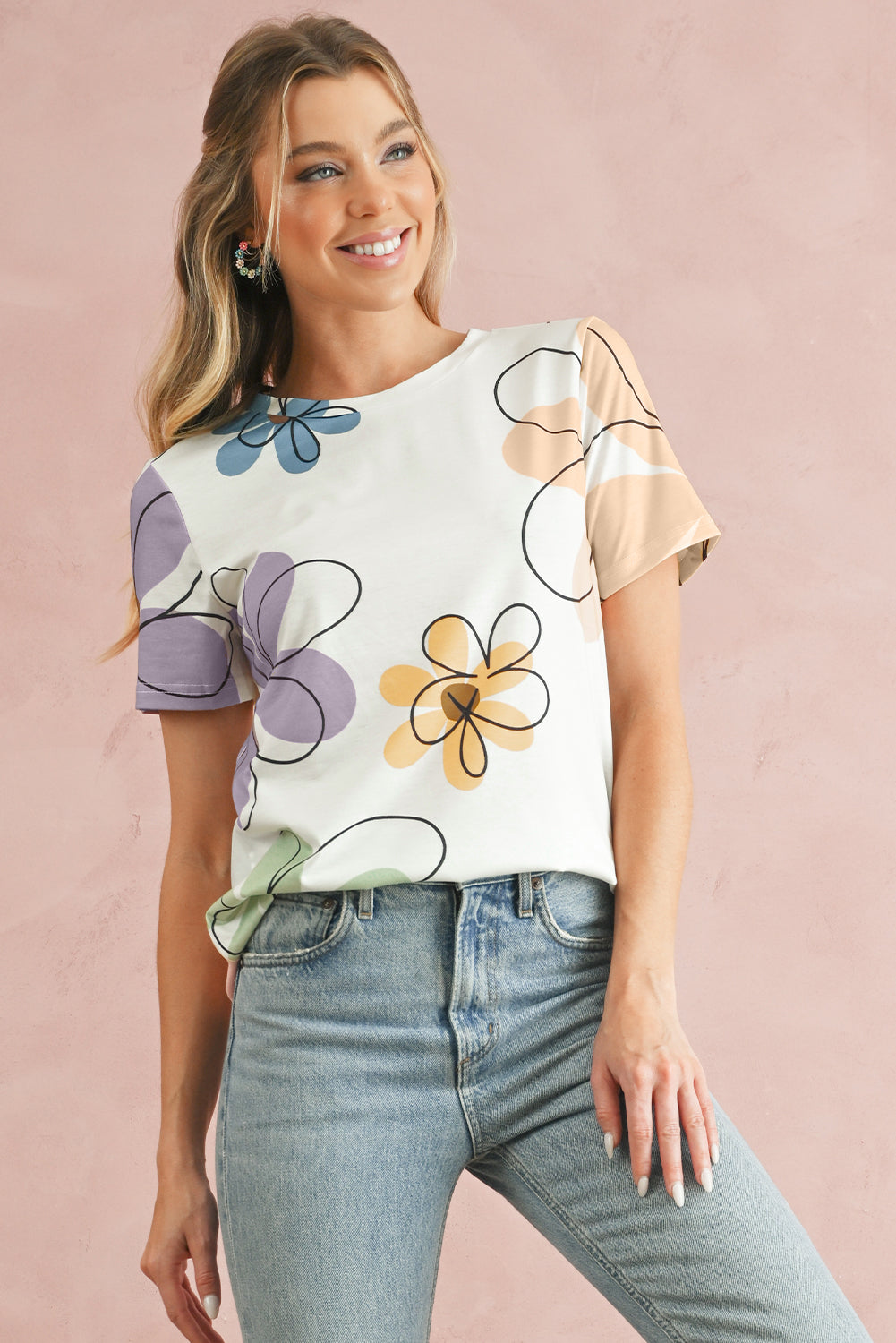 Beige Summer Flower Print Round Neck T Shirt