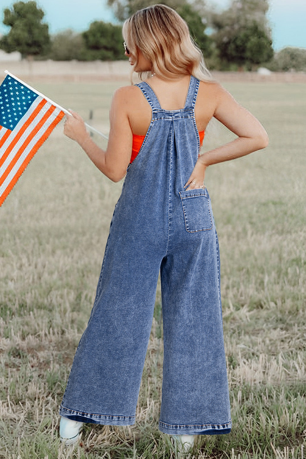 Light Blue Mineral Wash Button Straps Wide Leg Denim Overalls