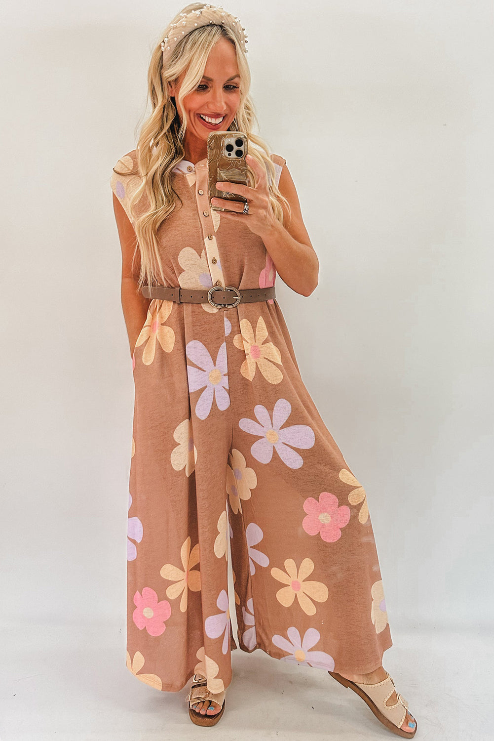 Khaki Floral Print Sleeveless Button up Wide Leg Loose Jumpsuit