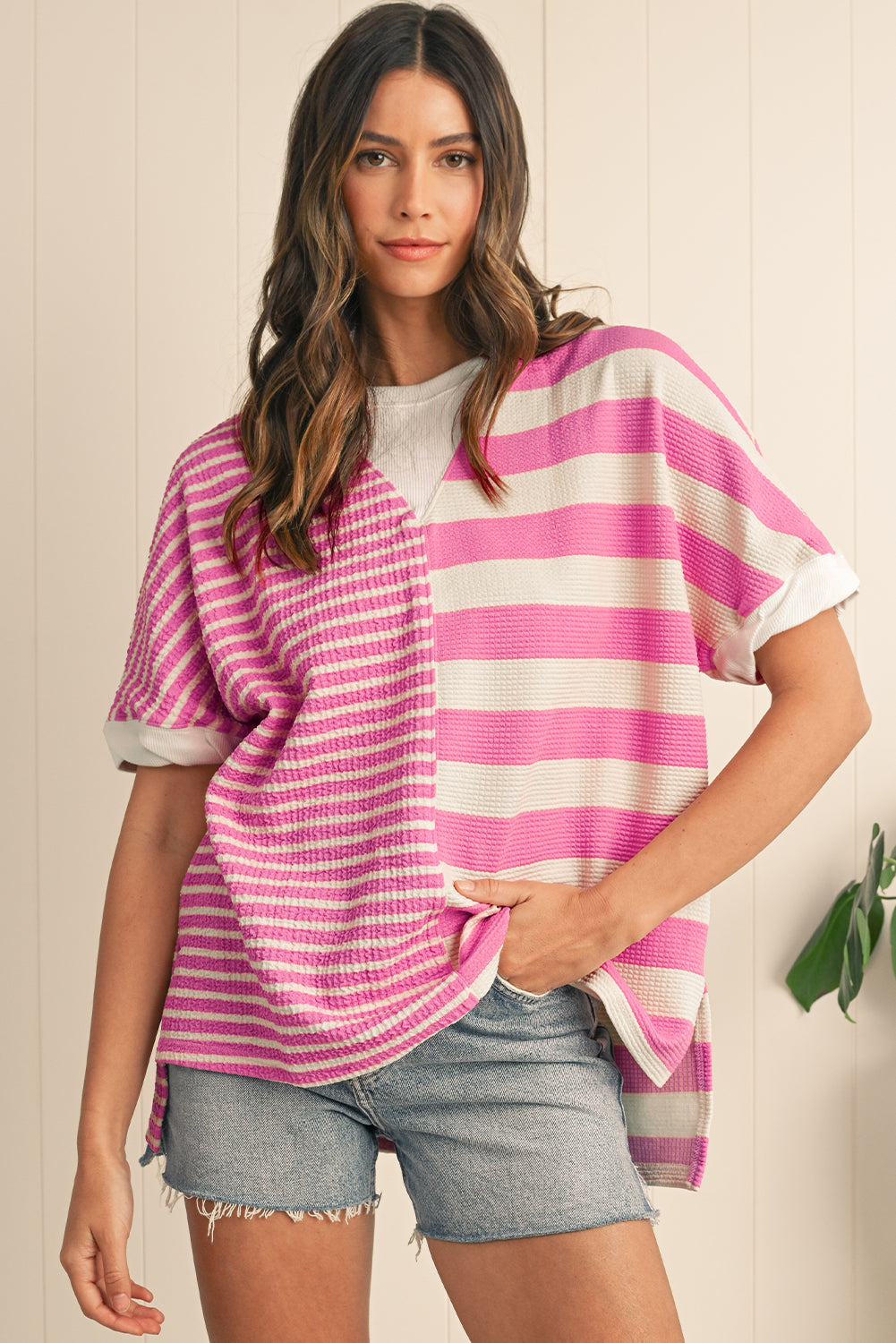 Pink Stripe Waffle Patchwork Short Sleeve High Low Loose T Shirt