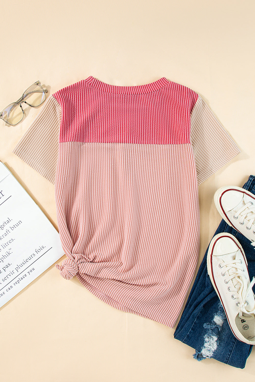 Pink Crinkle Rib Textured Colorblock T Shirt